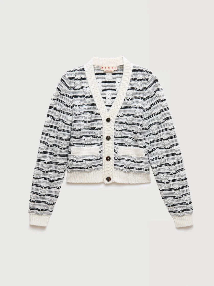 WHITE AND BLUE MIXED STITCH WOOL CARDIGAN - 1
