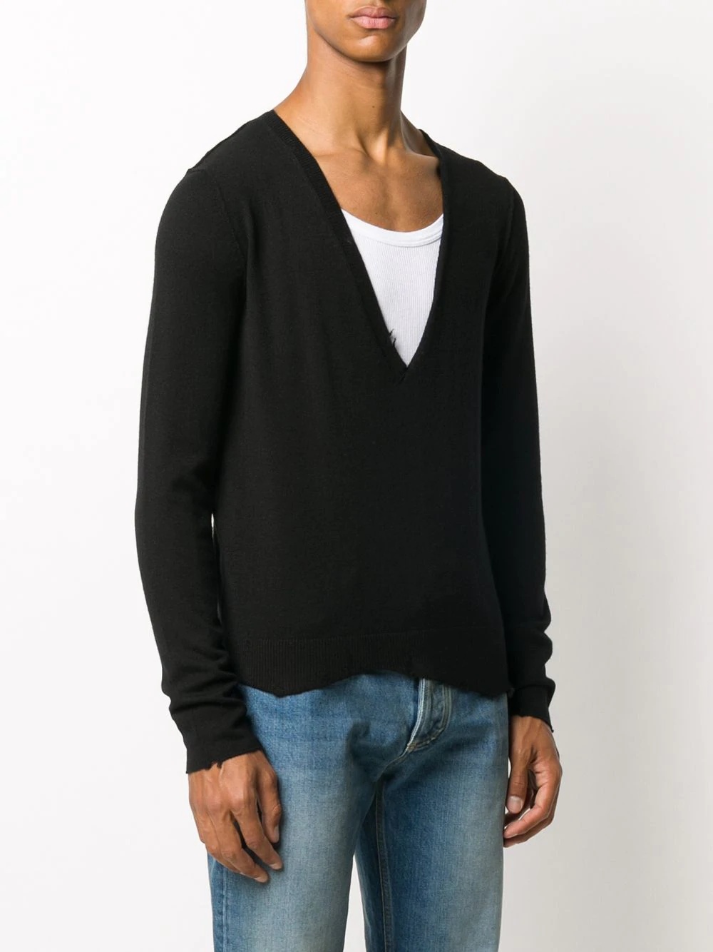 distressed-detailing V-neck jumper - 3