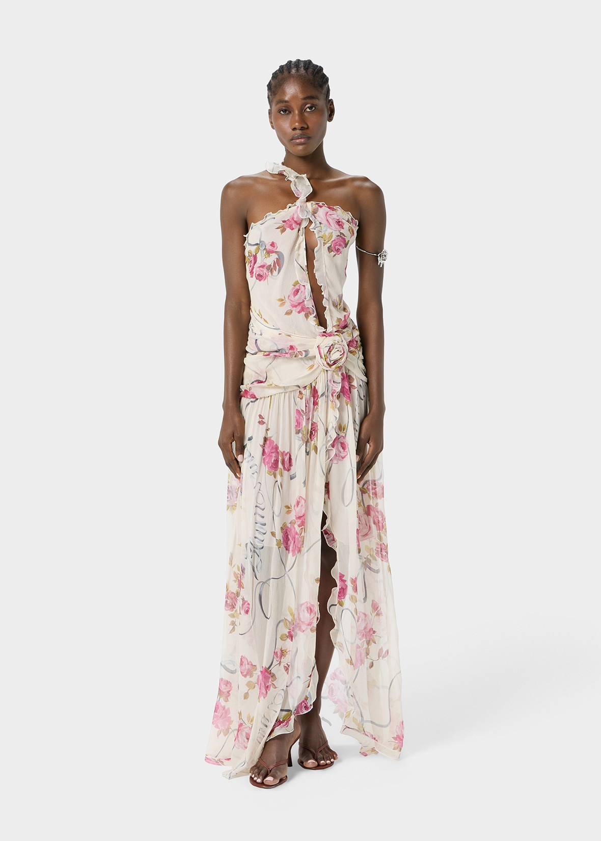 ONE-SHOULDER DRESS IN CREPONNE WITH RUFFLED ROSE DECORATION - 2