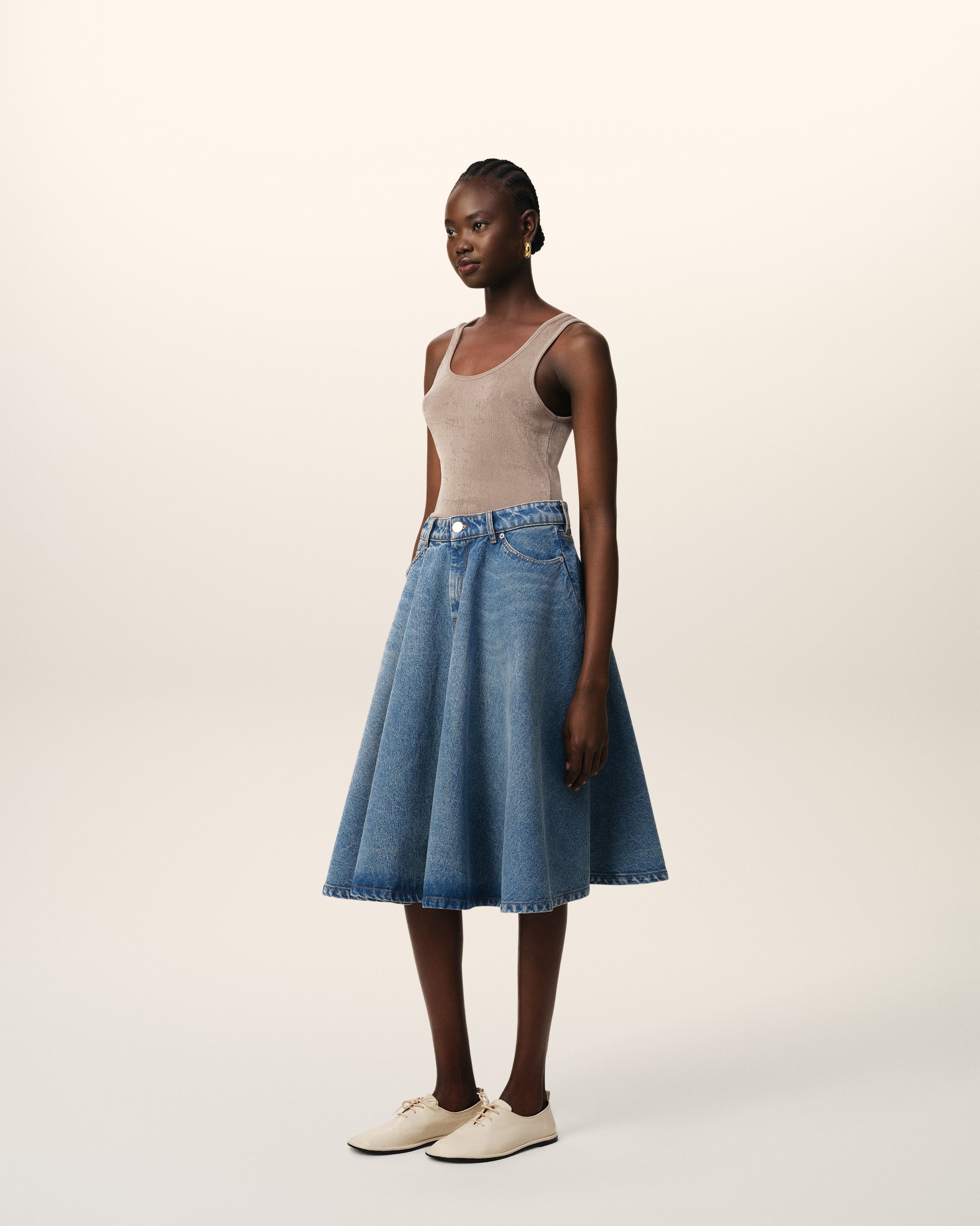 BLUE COTTON MIDI SKIRT WITH GODETS - 6