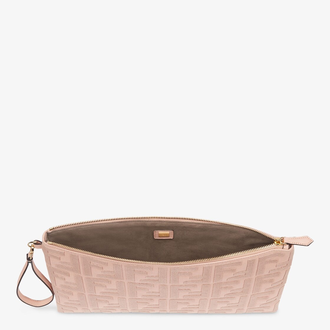 Large pouch with removable bracelet handle. Zipper closure. Made of pink canvas with FF embroidery.  - 3