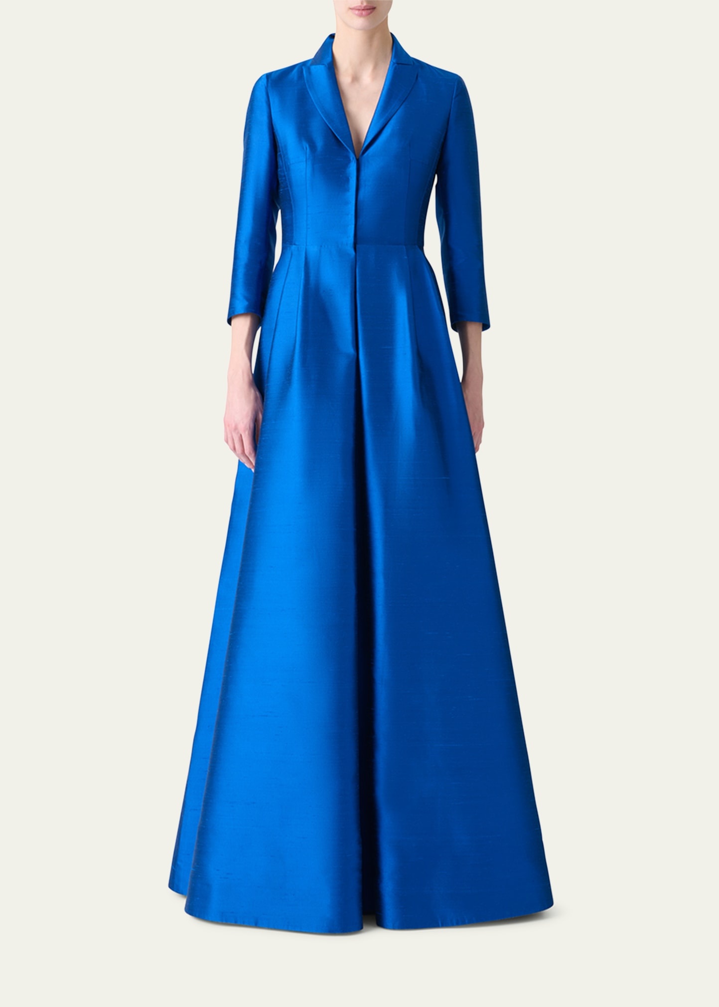 Three-Quarter Sleeve Flared Long Silk Coat Dress - 2