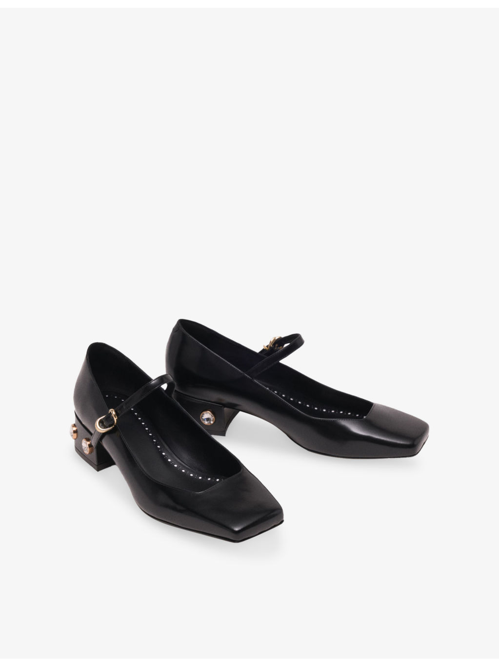 Rhinestone-Embellished Heeled Leather Mary-Jane Pumps - 2