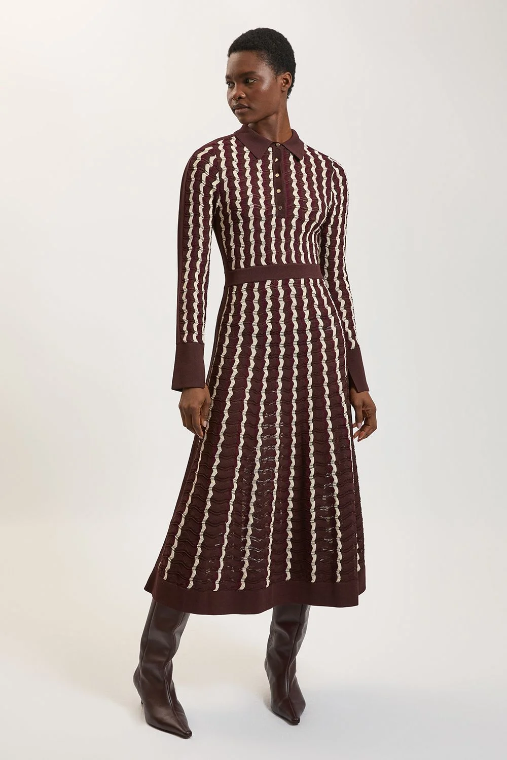 Knit Pointelle Contrast Collared Midi Dress - 1