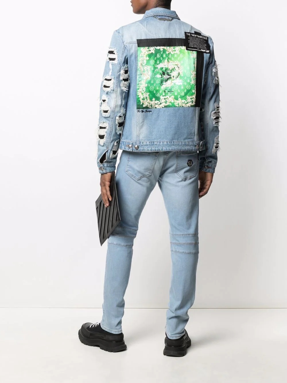 tropical-print distressed-effect denim jacket - 2