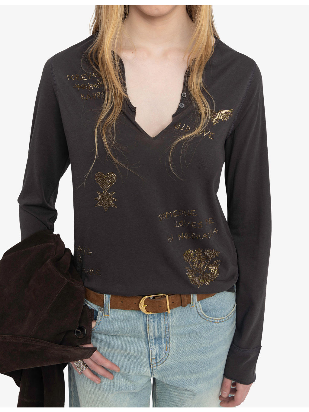 Tuni Henley-Collar Rhinestone-Embellished Cotton T-Shirt - 3