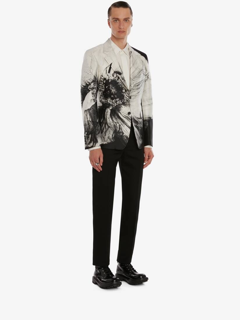Flower Print Wool Silk Jacket in Black/white - 3