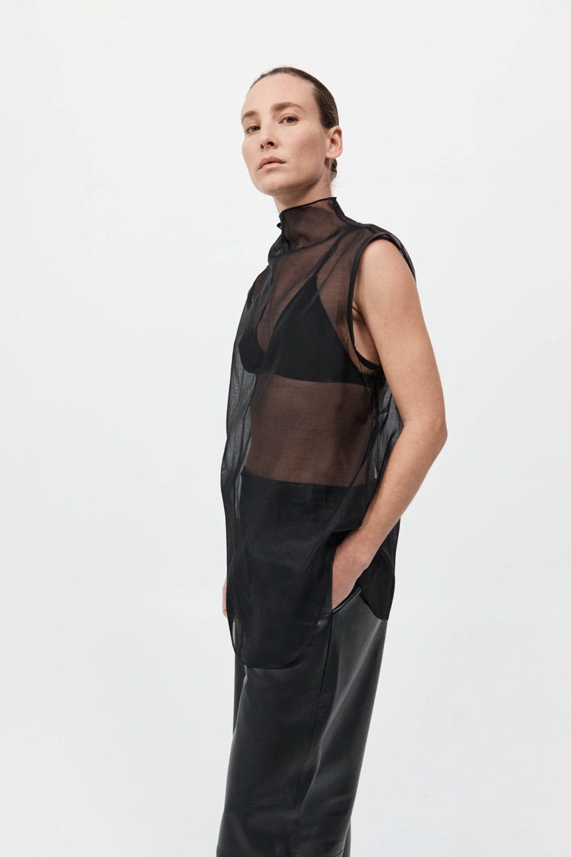 Sheer Silk Leather Trim Top - Black 5