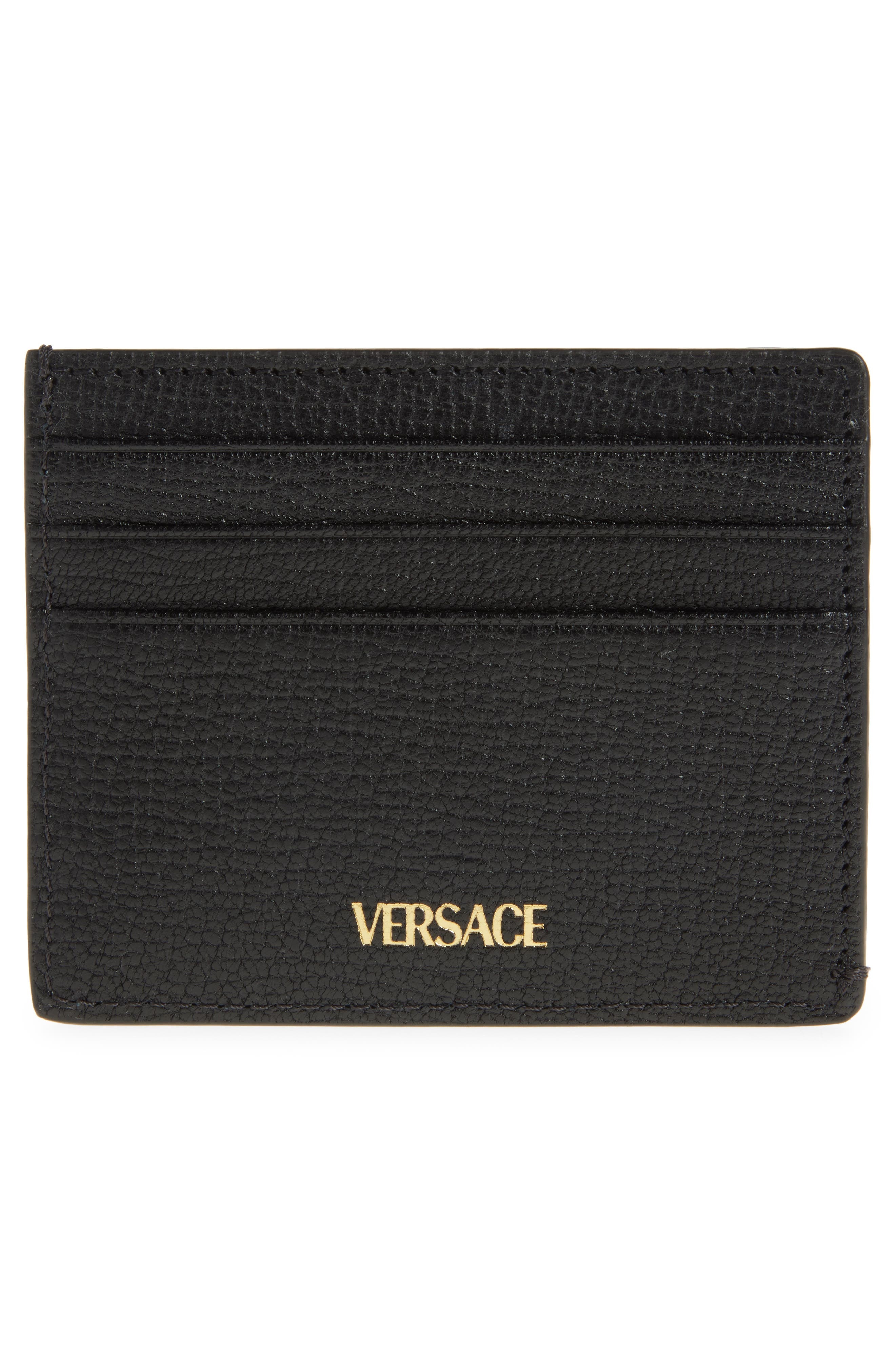 Versace Medusa Grained Leather Card Case in Black Versace Gold at Nordstrom - 2