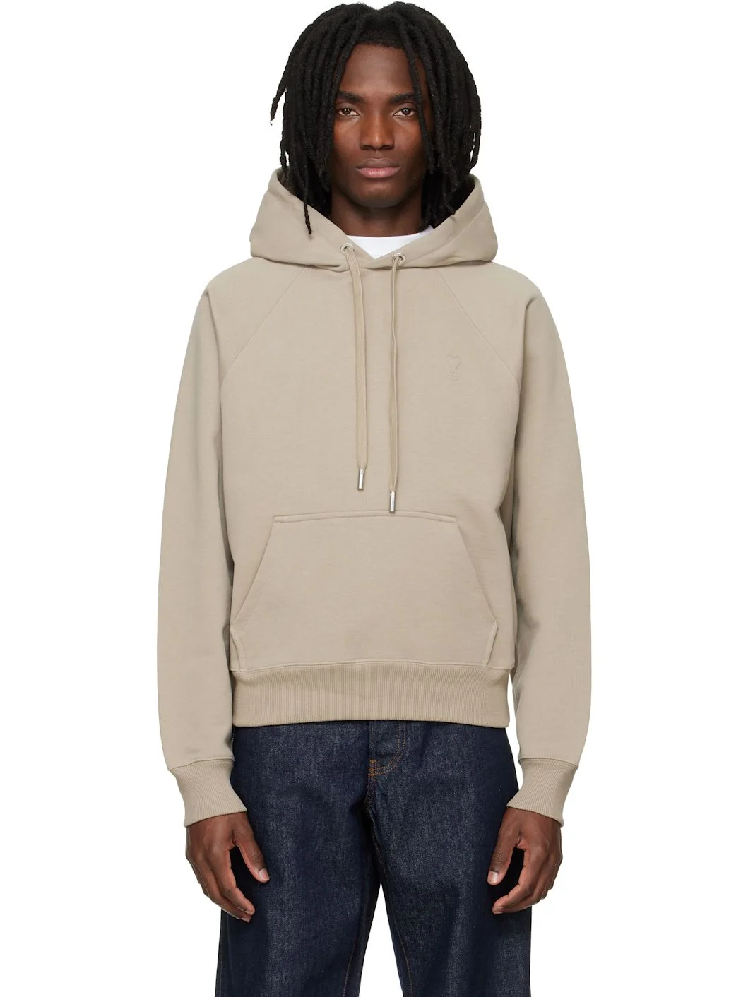 Beige Cotton Embossed Ami de Coeur Hoodie - 1