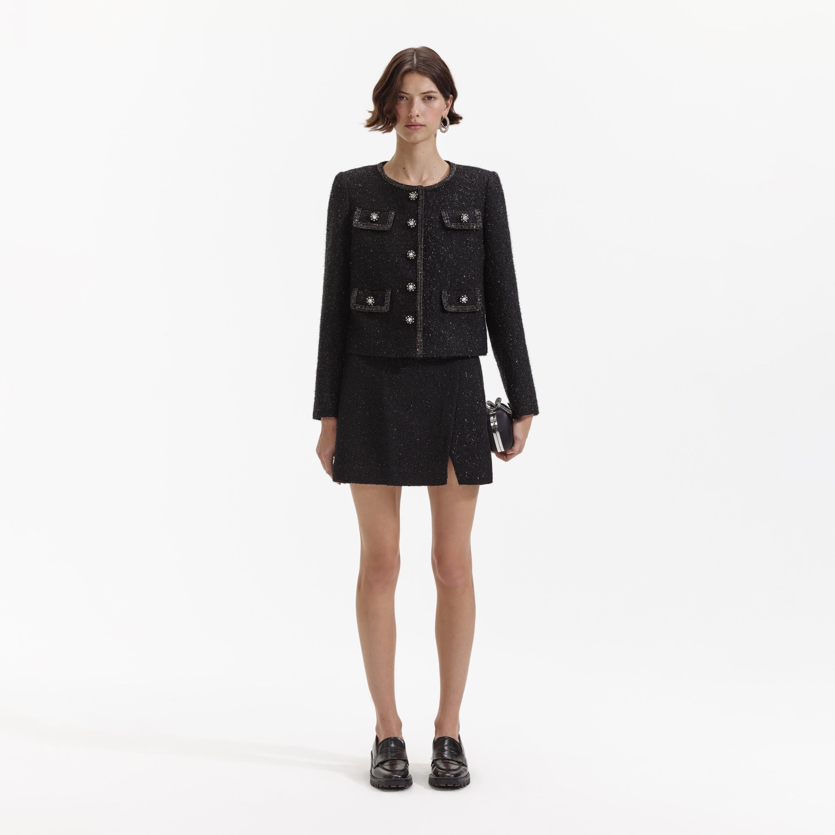 Black Boucle Trimmed Jacket - 1