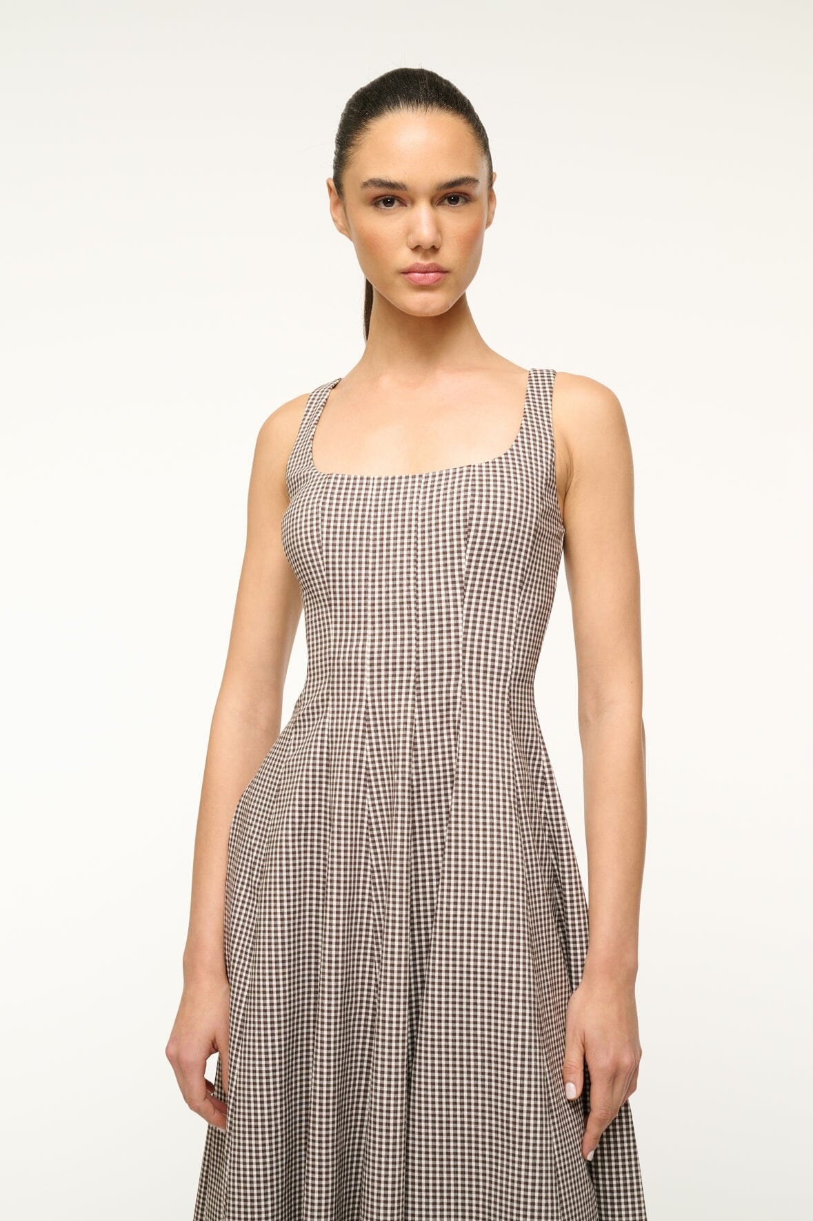 STAUD WELLS DRESS DARK CHOCOLATE MICRO CHECK - 3