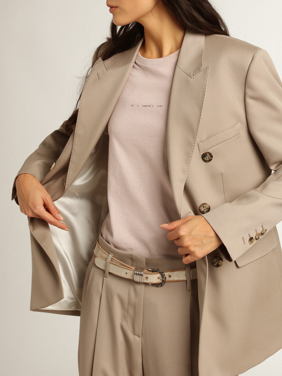Double-breasted blazer in light beige wool gabardine - 5