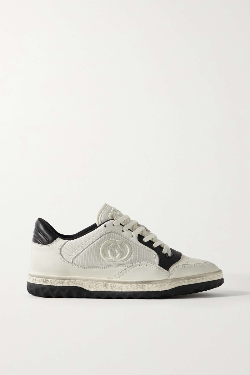 MAC80 distressed leather and embroidered ribbed-knit sneakers - 1