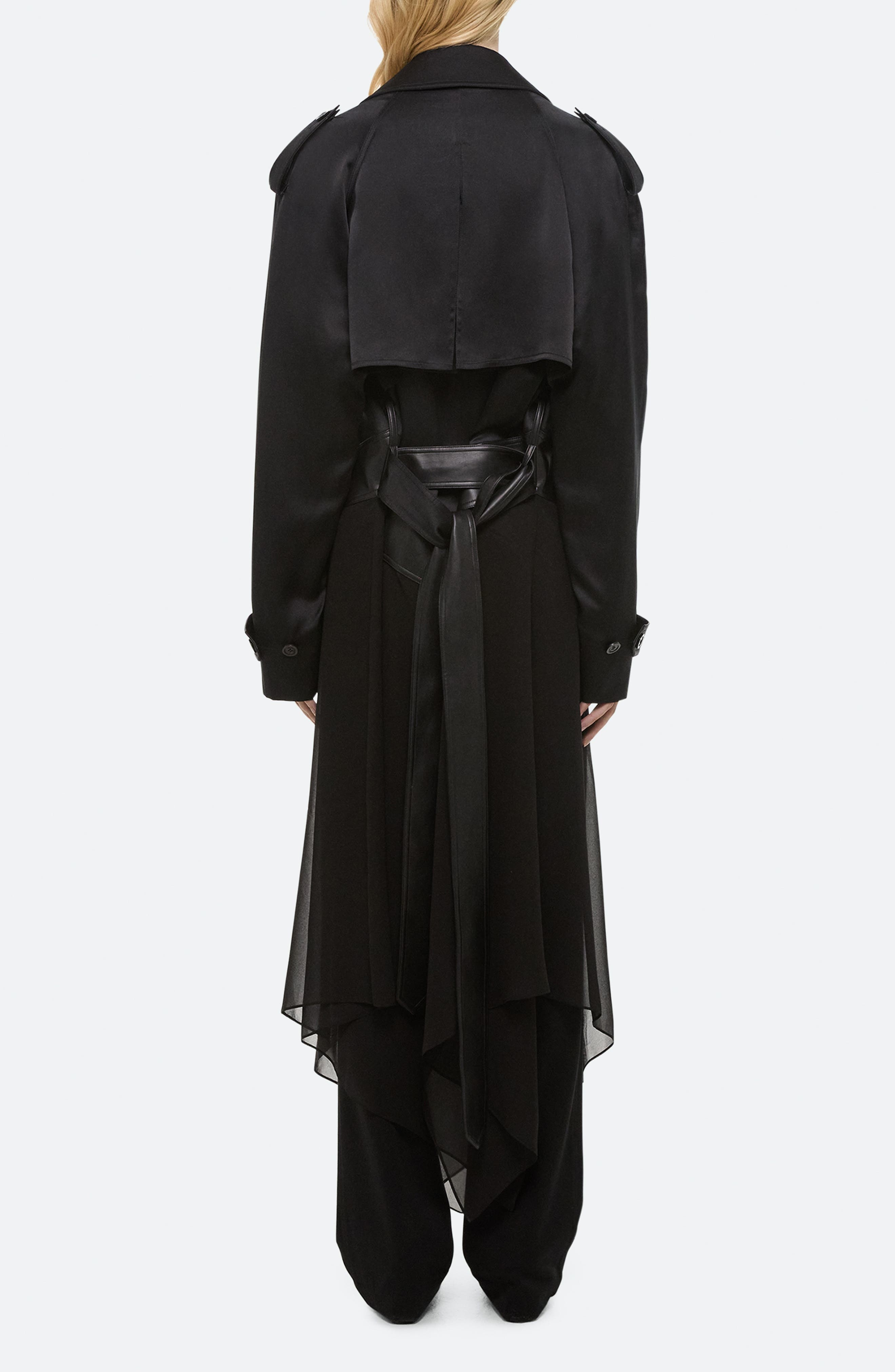 Helmut Lang Mixed Media Scarf Detail Silk Trench Coat in Black at Nordstrom - 2