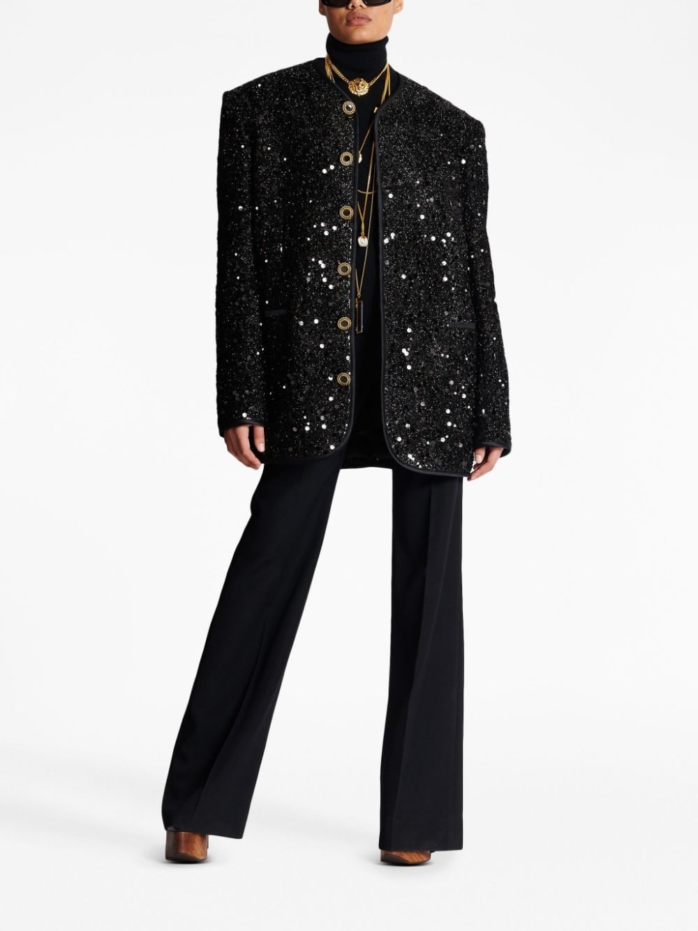 collarless single-breasted sequinned jacket - 2