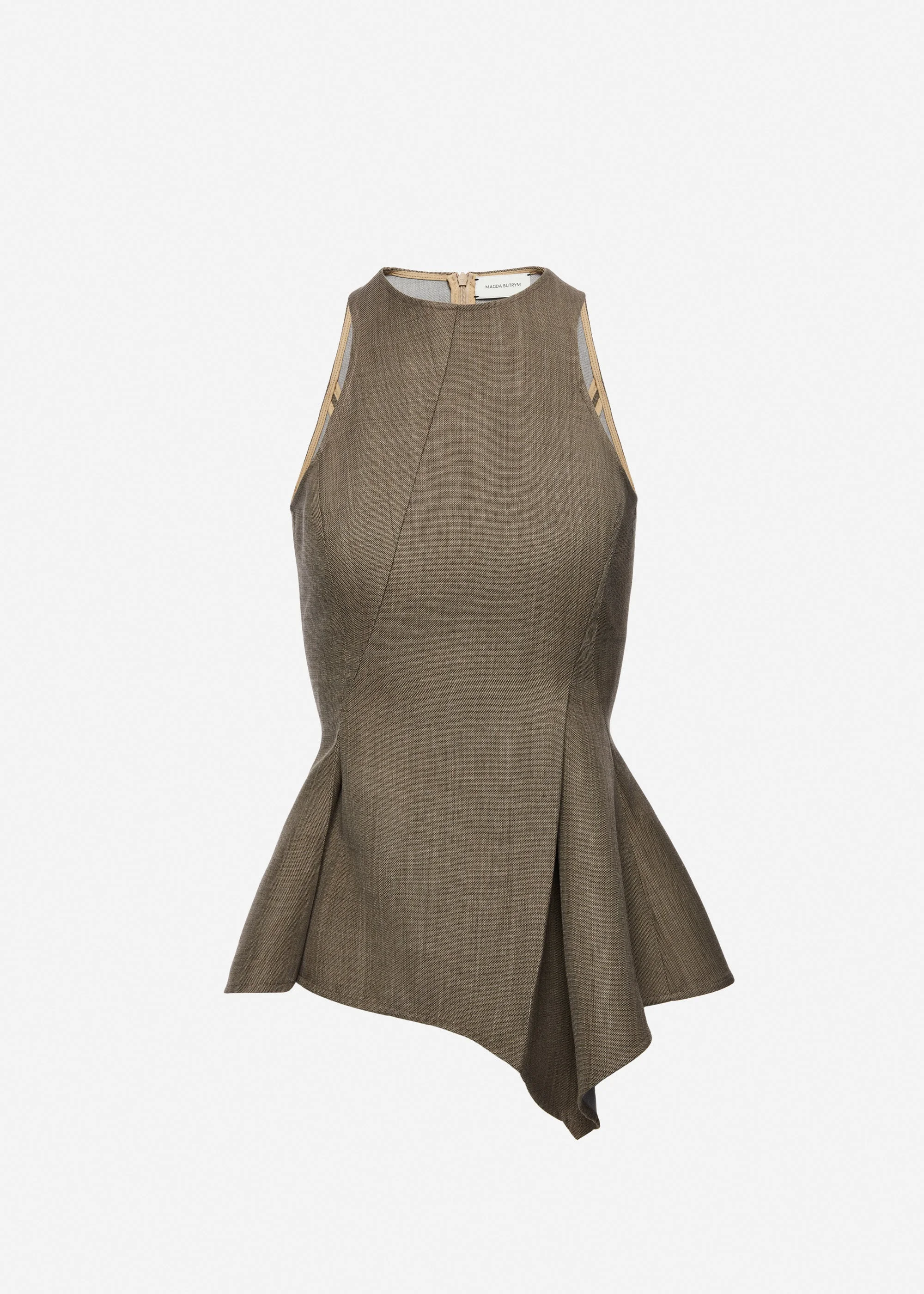 Asymmetric sleeveless wool top in beige - 1