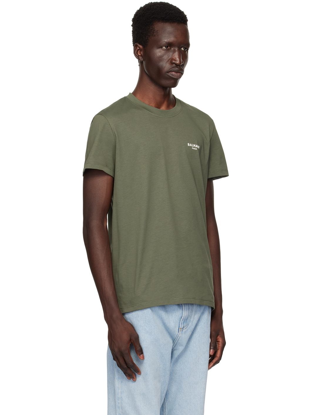 Khaki 'Balmain Paris' Flocked T-Shirt - 2