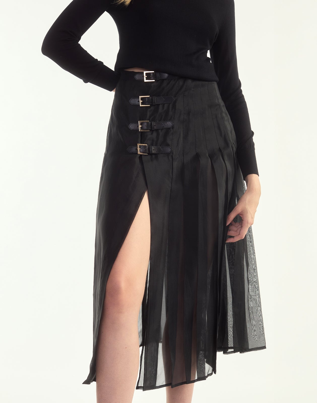 Pleated Buckle Silk Organza Skirt - 9