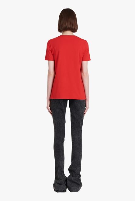 Red eco-designed cotton T-shirt with white Balmain logo print - 3