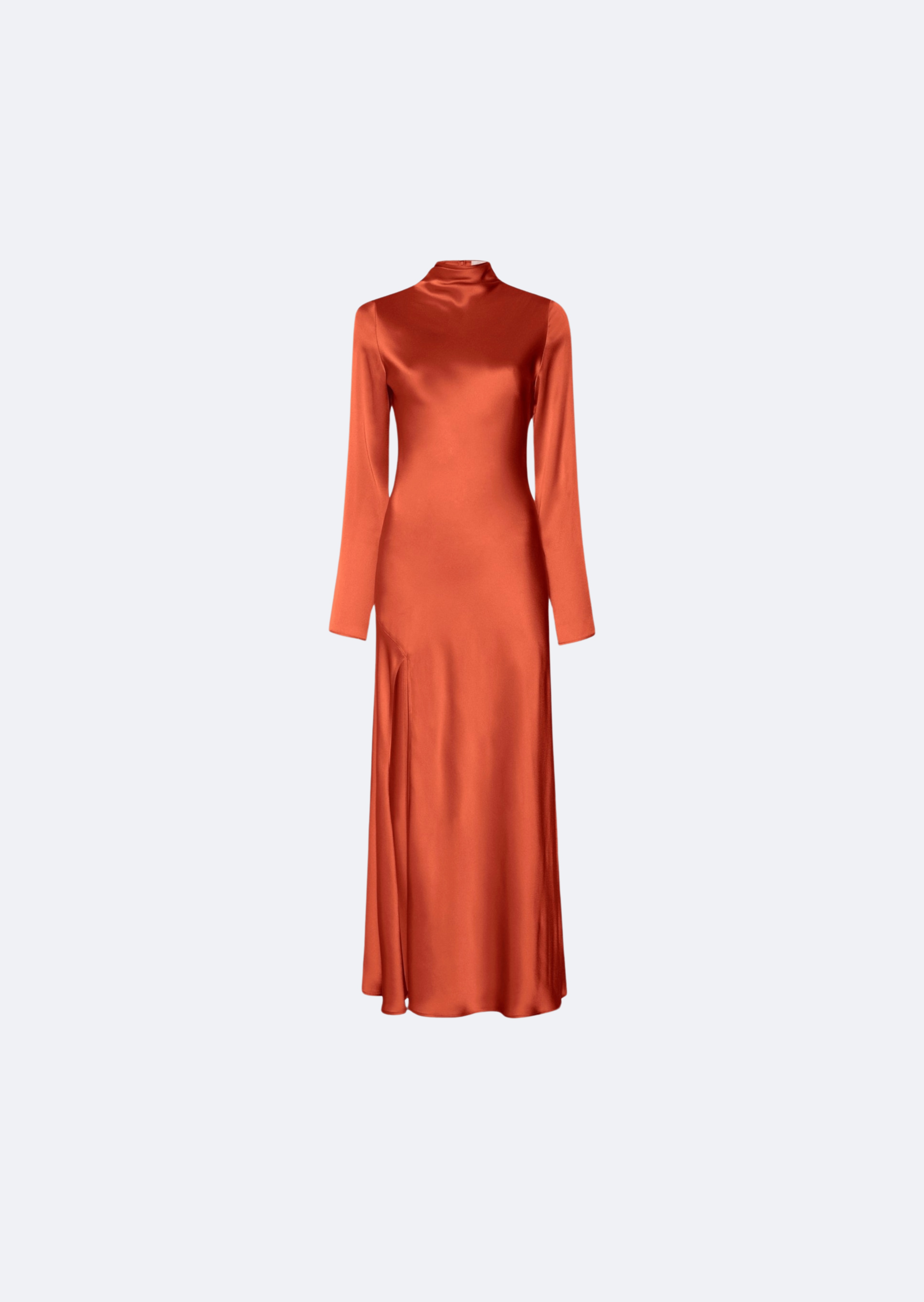 Satin Draped Neck Bias Dress With Slit - 1