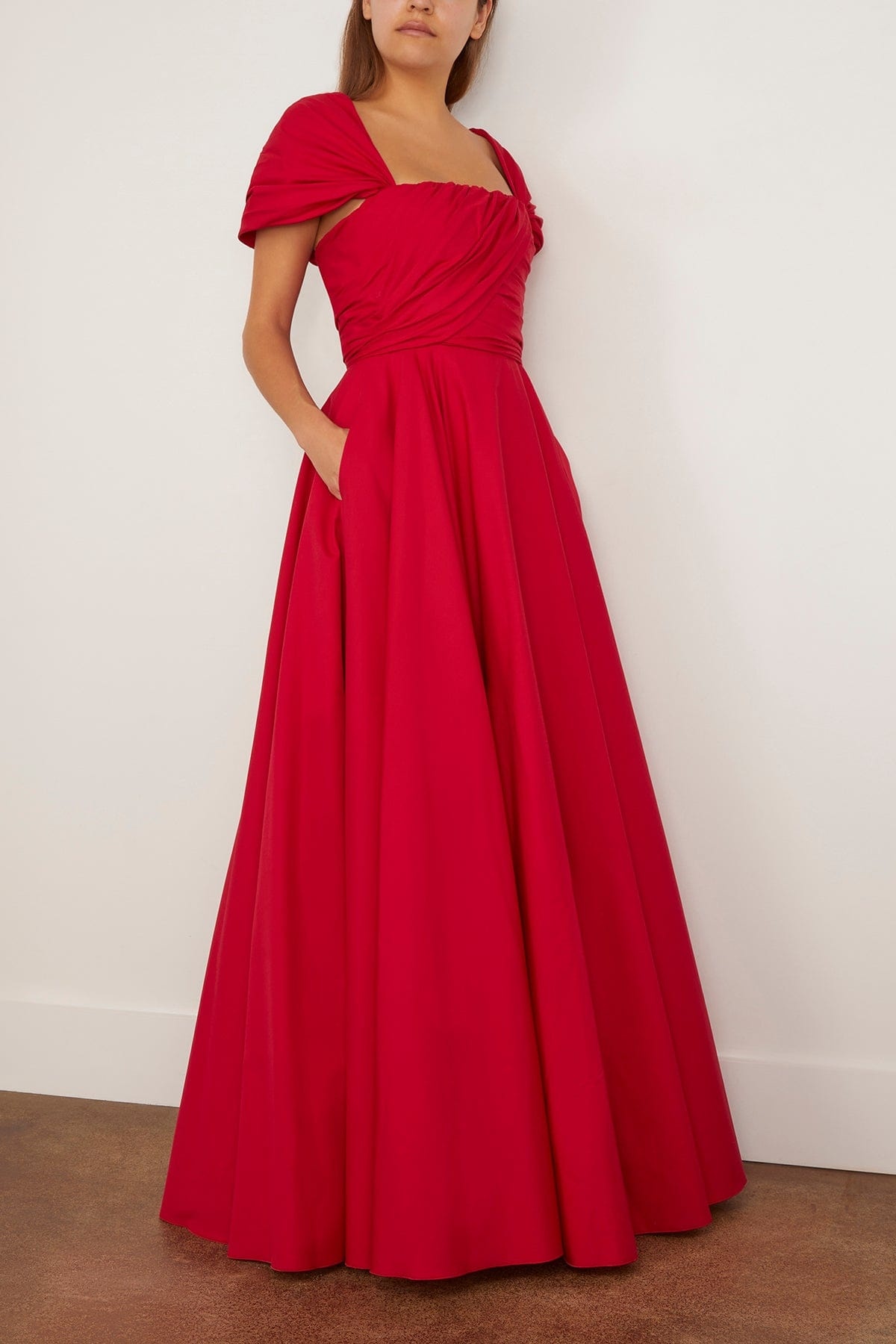 Long Corsage Poplin Dress in Red - 3