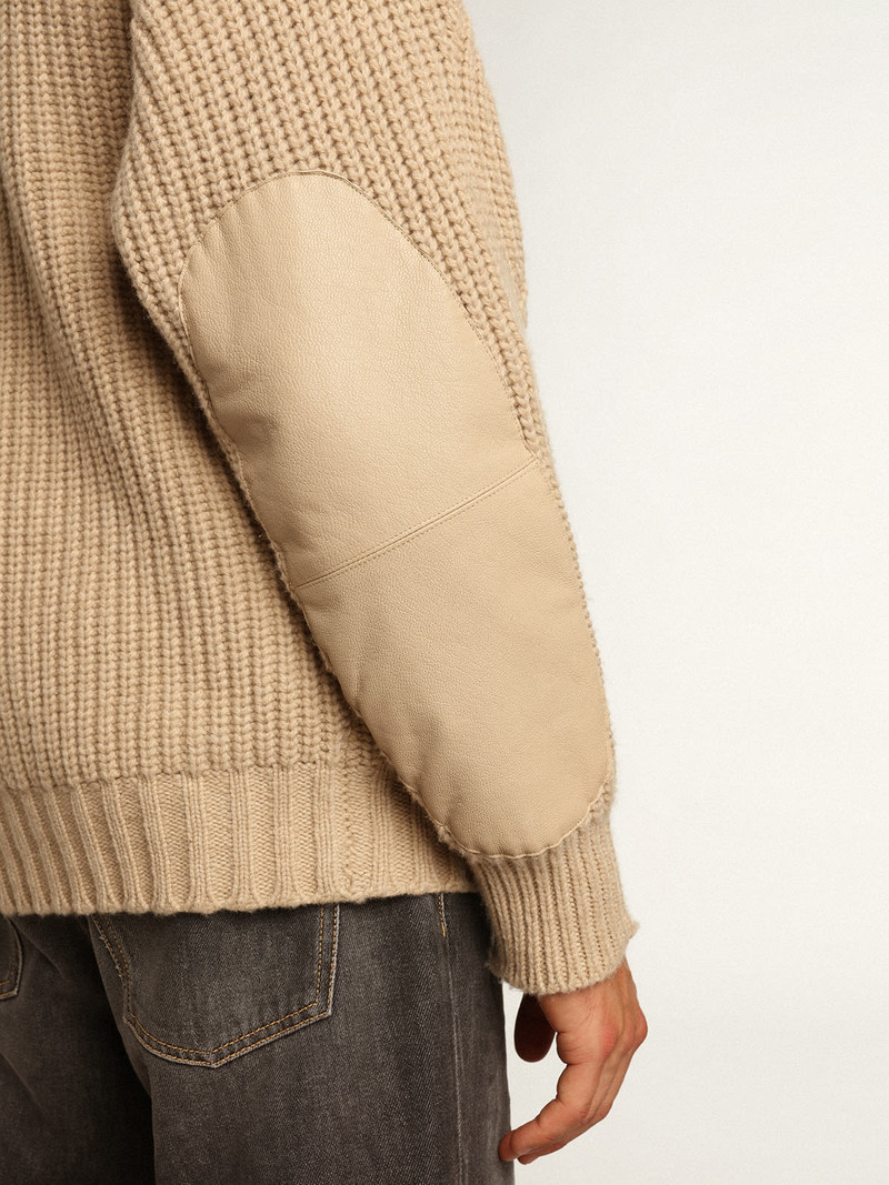 Men's double-breasted beige wool cardigan with leather patches 5