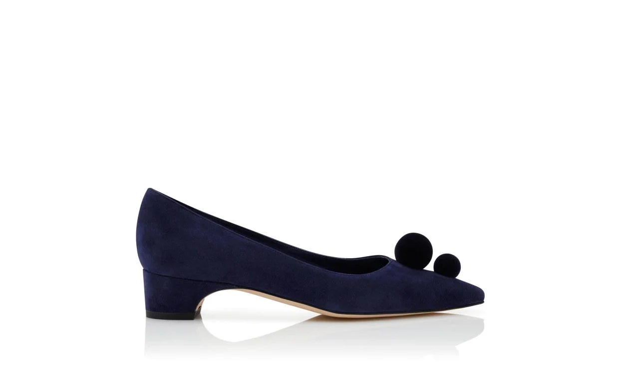 Navy Blue Suede Pom Pom Detail Pumps - 1