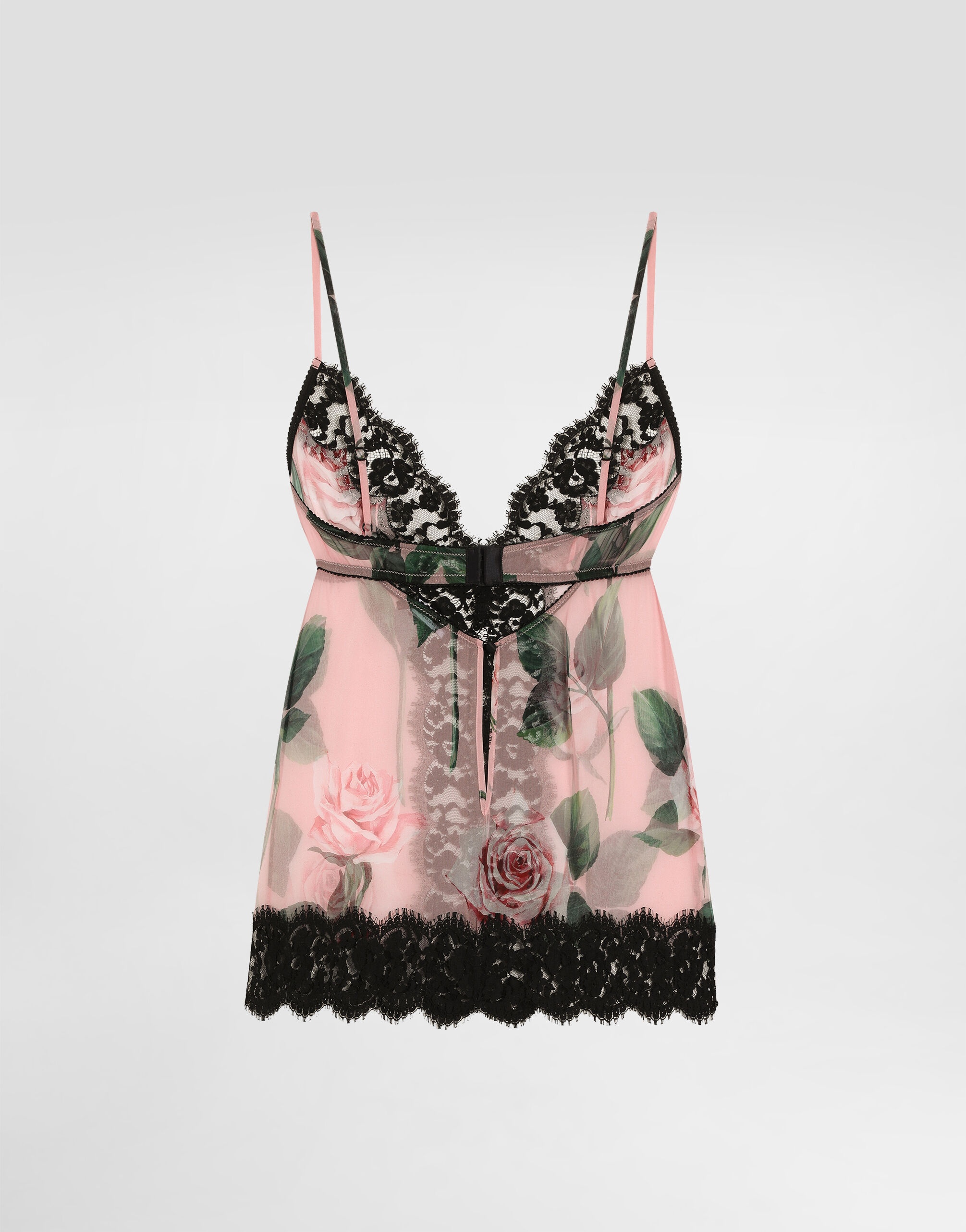 Chiffon and lace lingerie top with rose print - 2