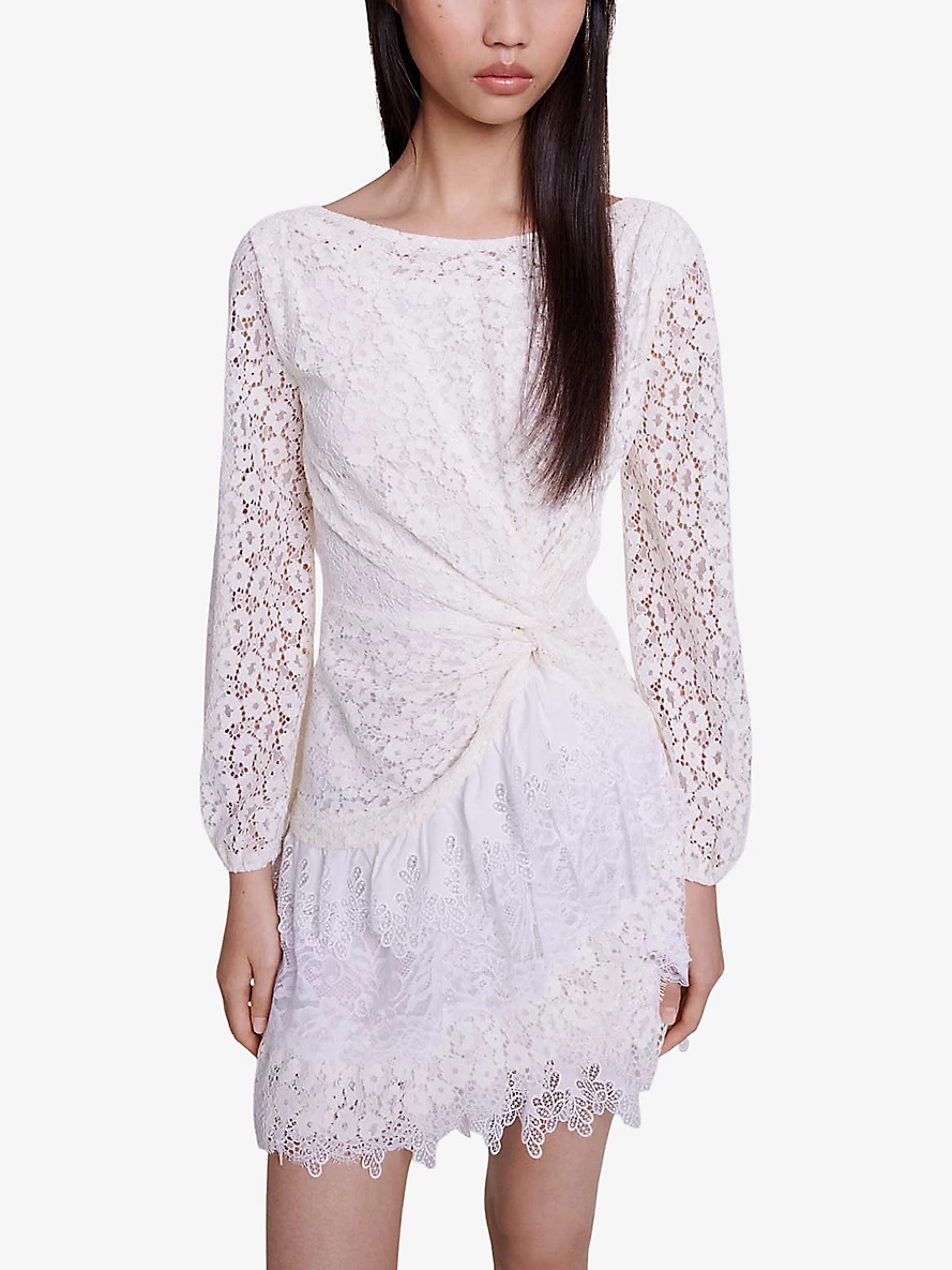 Lace-embroidered long-sleeve draped woven mini dress - 5