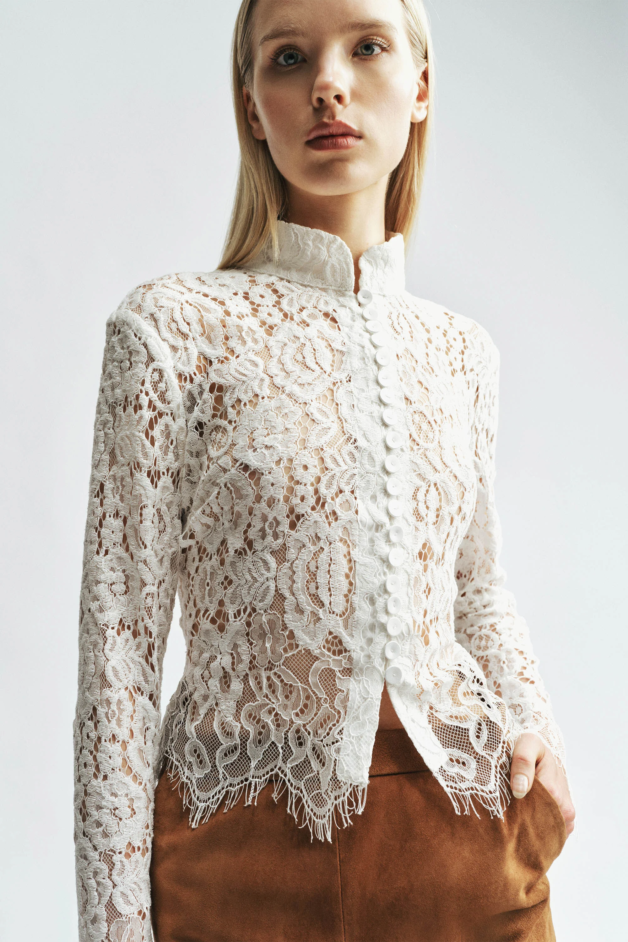 Remly Button Front Lace Top In Orchid White - 1