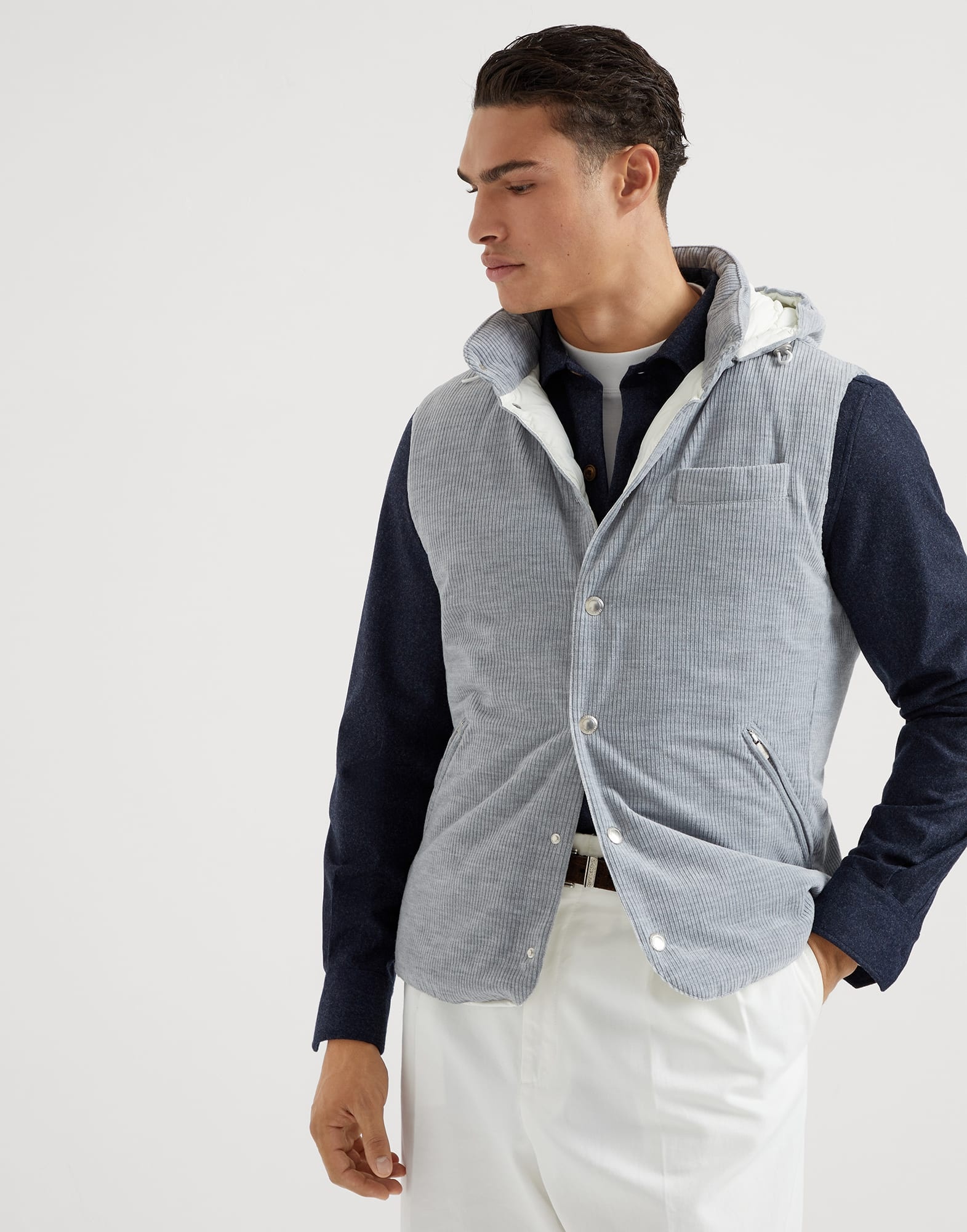 Cotton and cashmere mélange corduroy down vest with detachable hood - 1