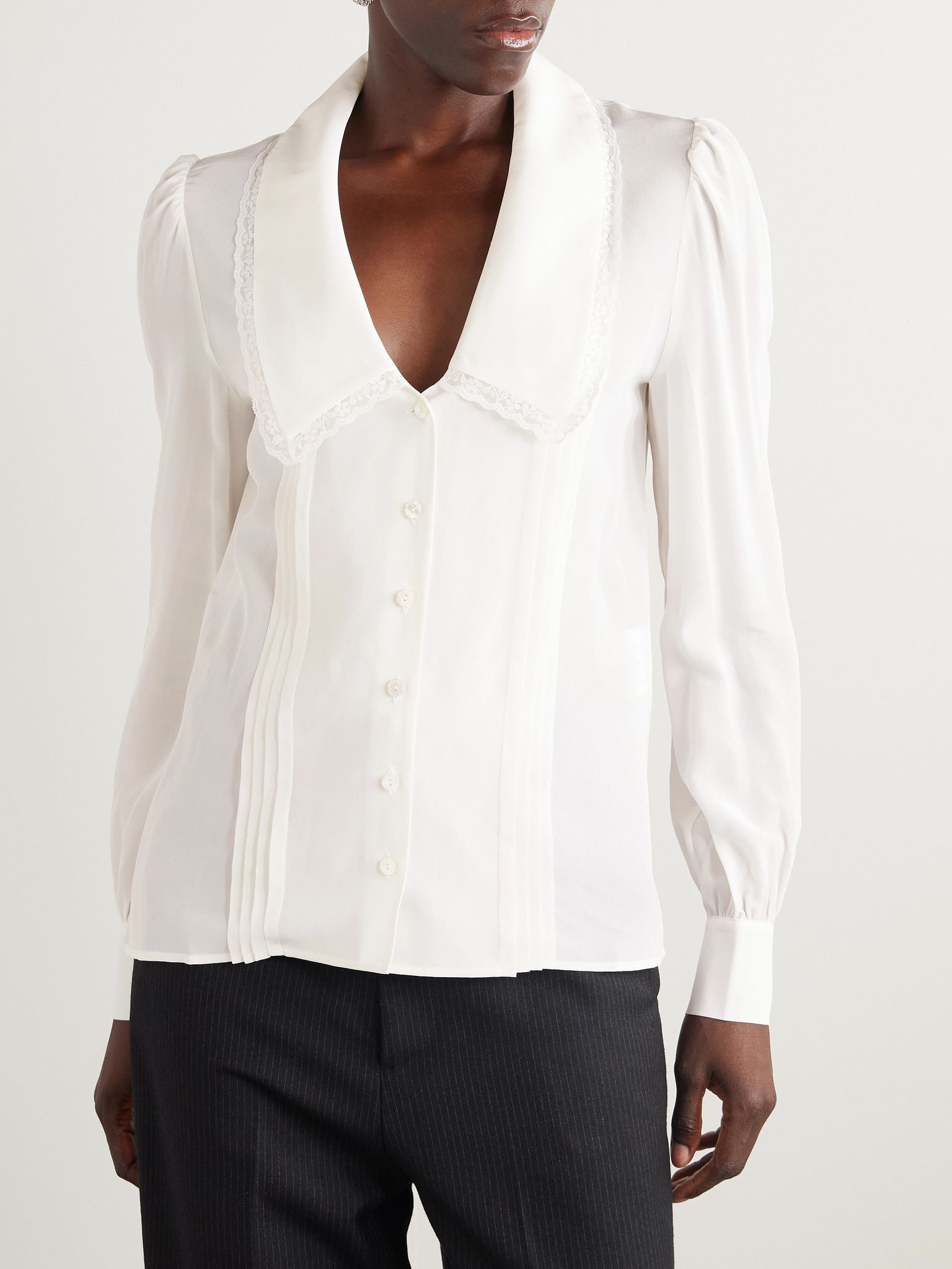Lace-trimmed pintucked silk-chiffon blouse White - 3