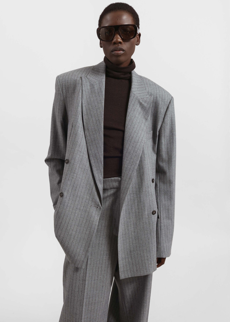 Newark Pinstripe Double Breasted Blazer - Grey/Brown 9