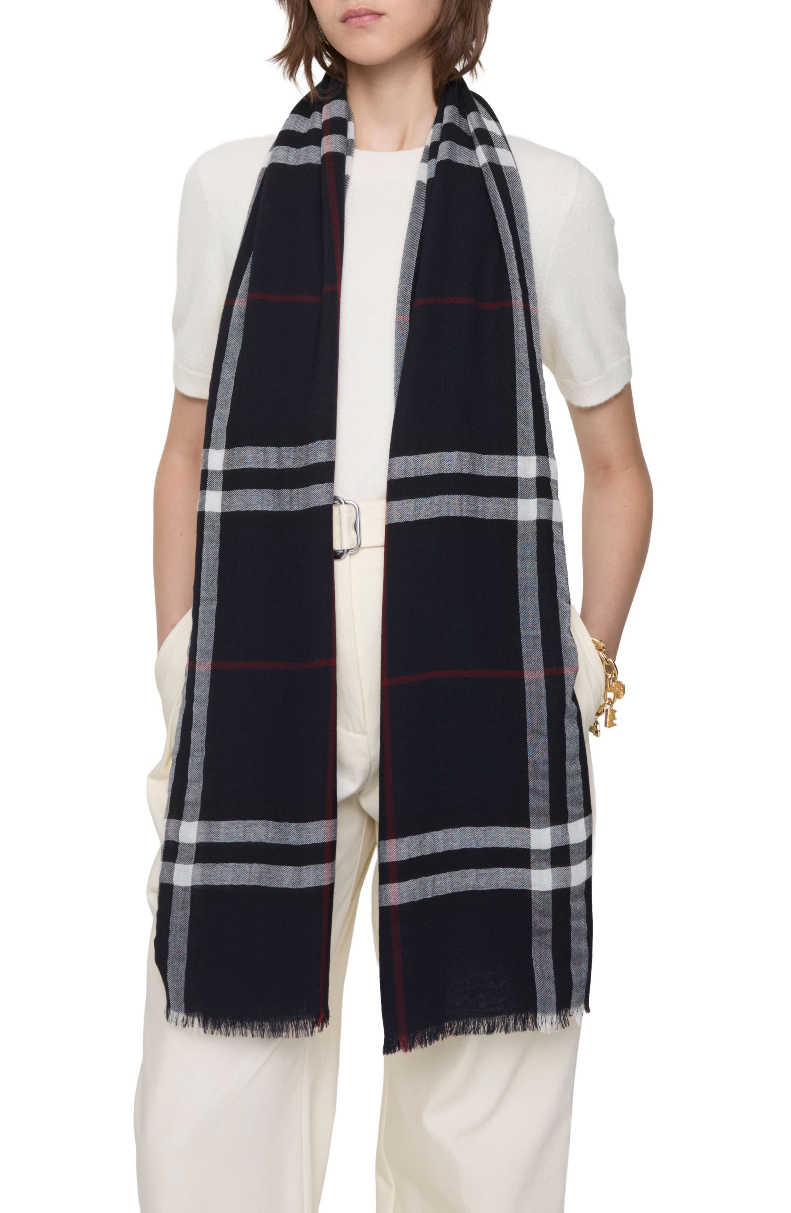 burberry Giant Check Lightweight Wool Scarf in Ink Blue at Nordstrom - 4