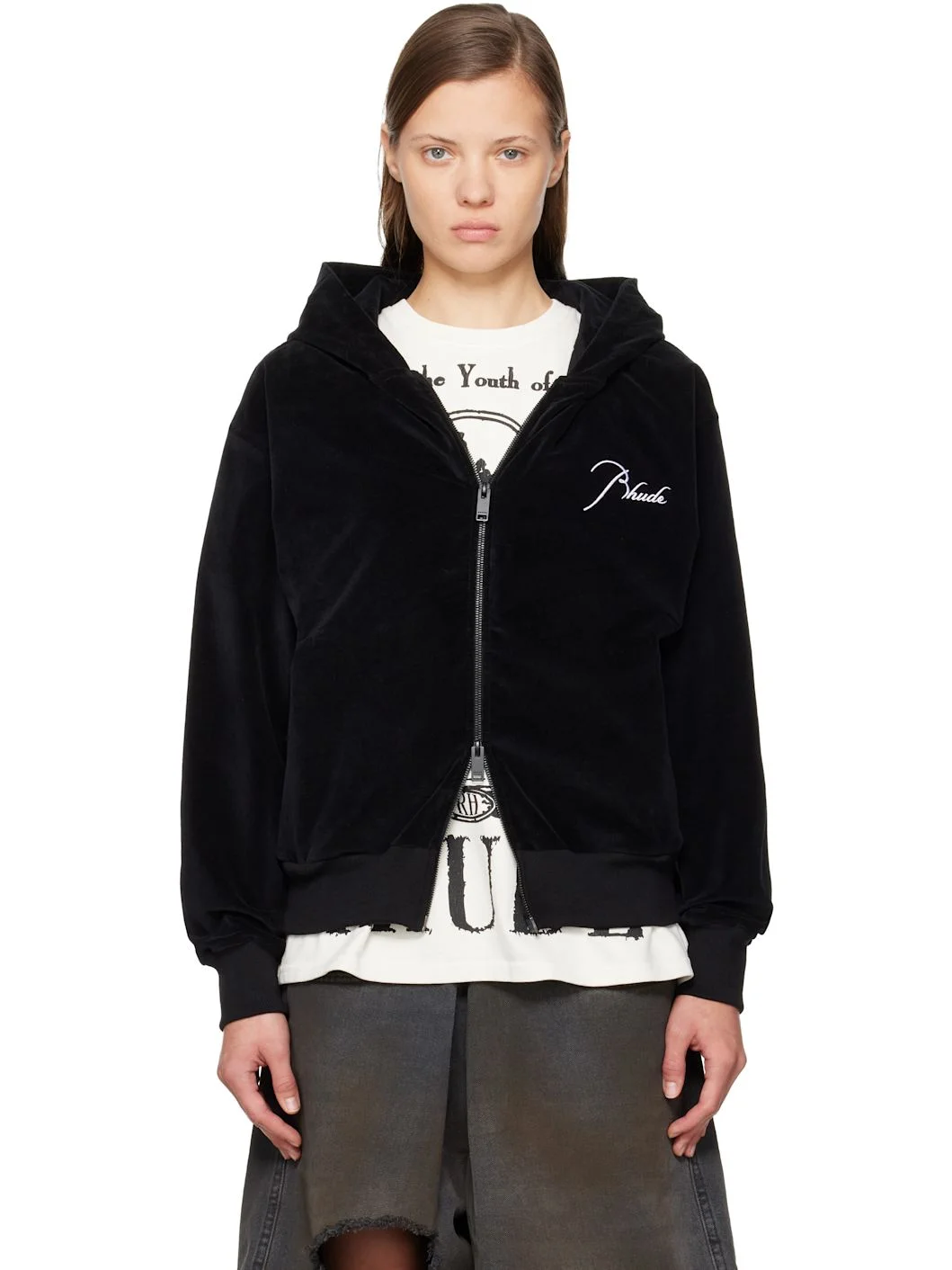 Black Velour Classique Zip-Up Hoodie - 1