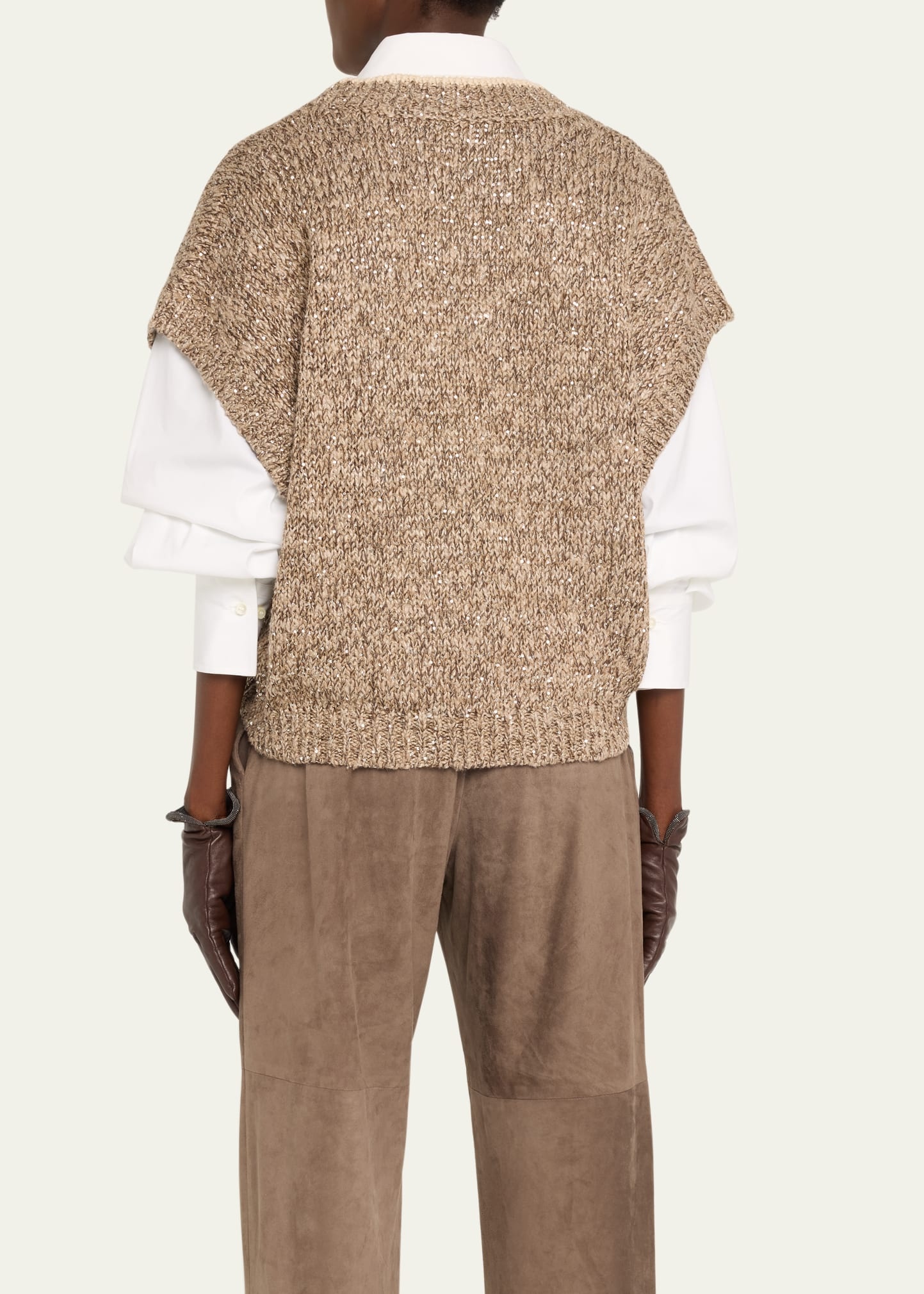 V-Neck Paillette Tweed Knit Crop Vest - 3