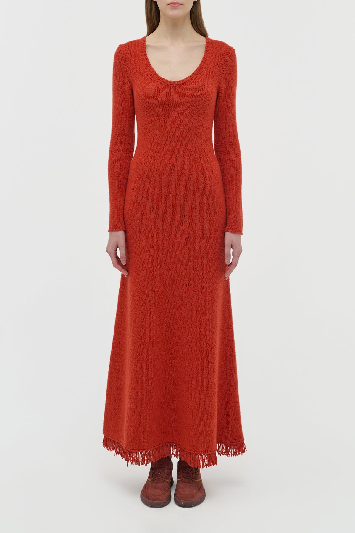 Maribel Fringe Knit Maxi Dress in Antelope Orange Cashmere - 3