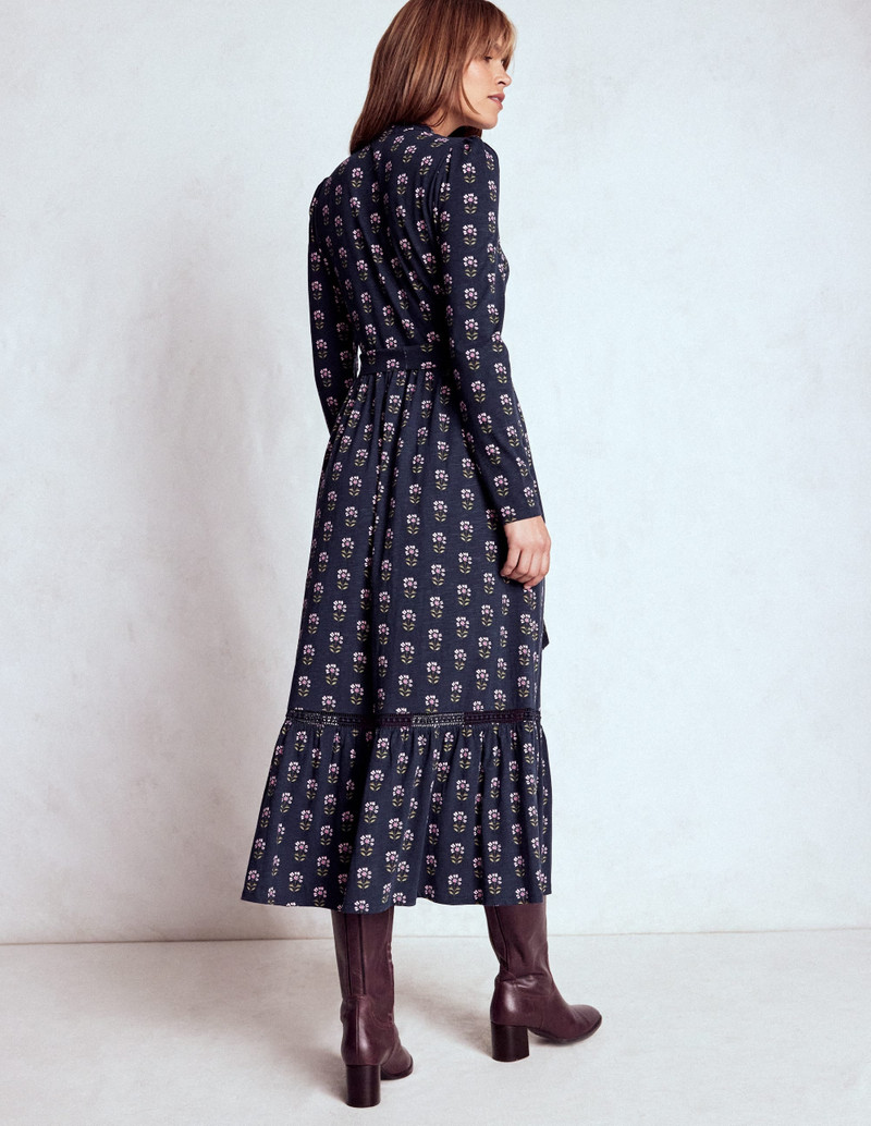Edwina Jersey Shirt Dress-French Navy, Woodblock Flower 4