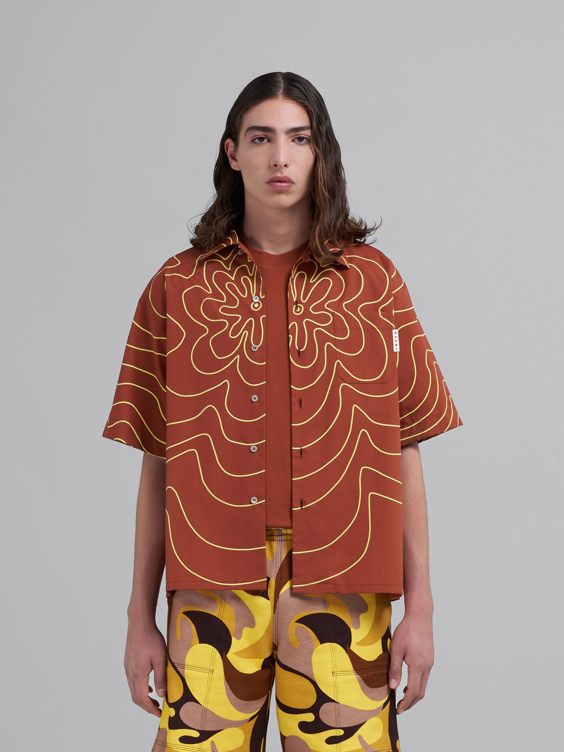 ORANGE BROWN VIBRATING FLOWER POPLIN BOWLING SHIRT - 2