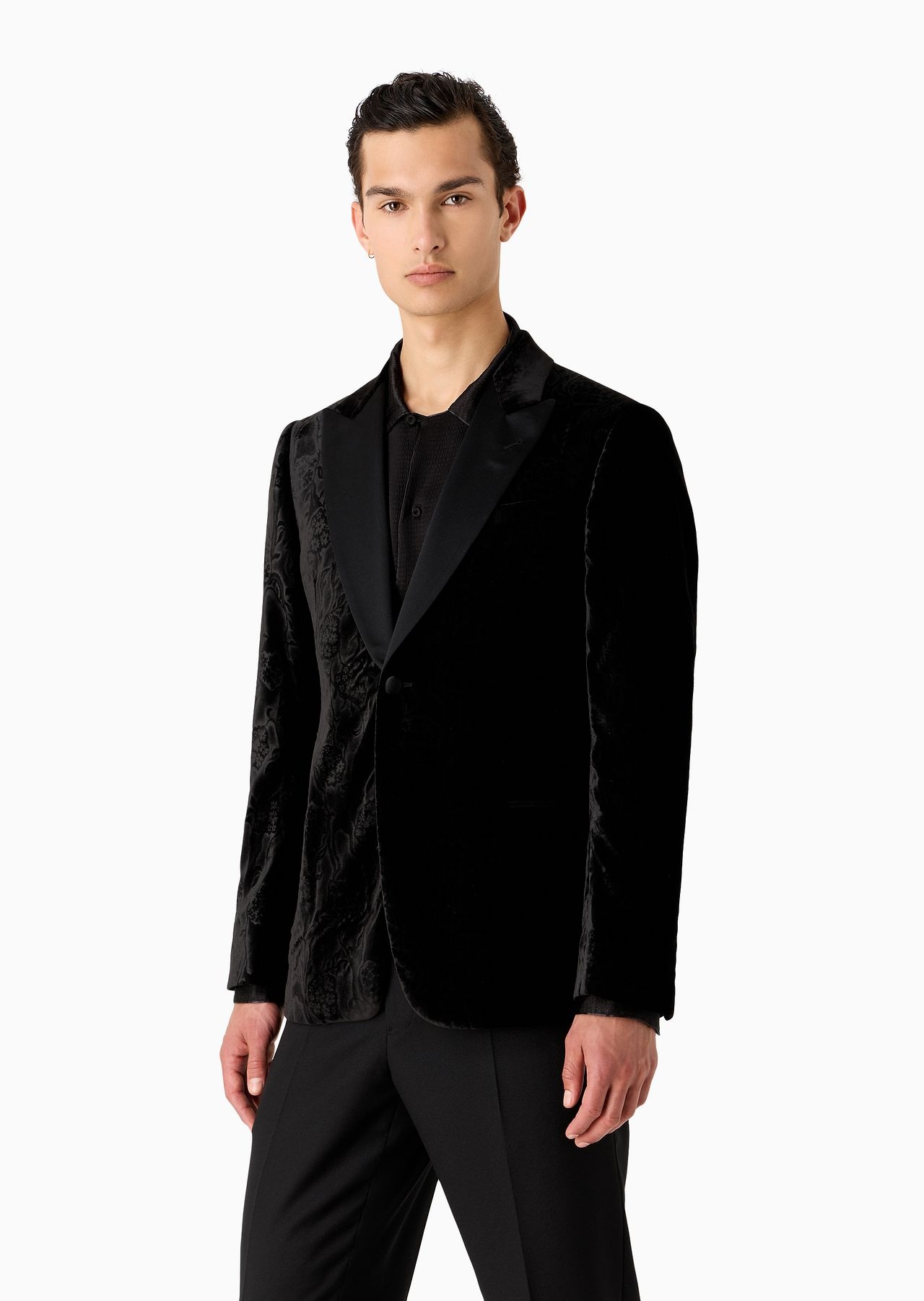 Slim-fit velvet tuxedo jacket with all-over printed motif - 2