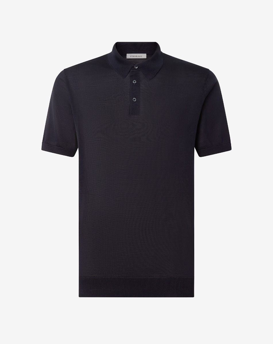 Navy blue pure silk button-up polo - 1