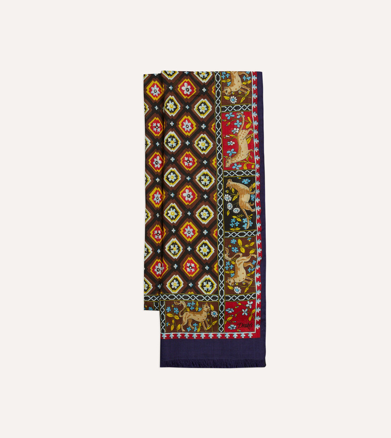 Navy and Brown Animal Border Medallion Print Wool-Silk Scarf 1