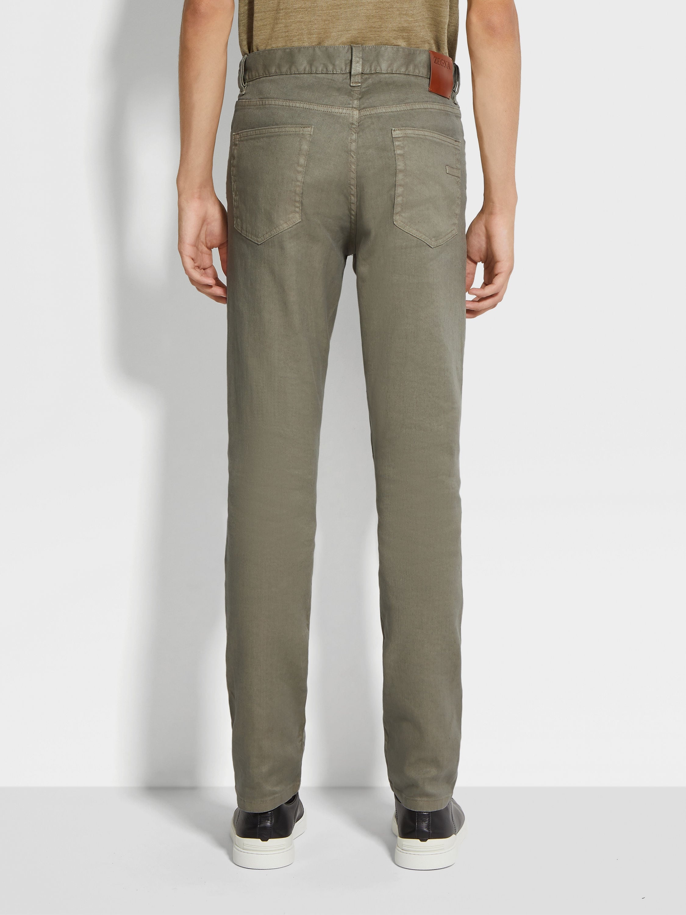 OLIVE GREEN STRETCH LINEN AND COTTON ROCCIA JEANS - 5