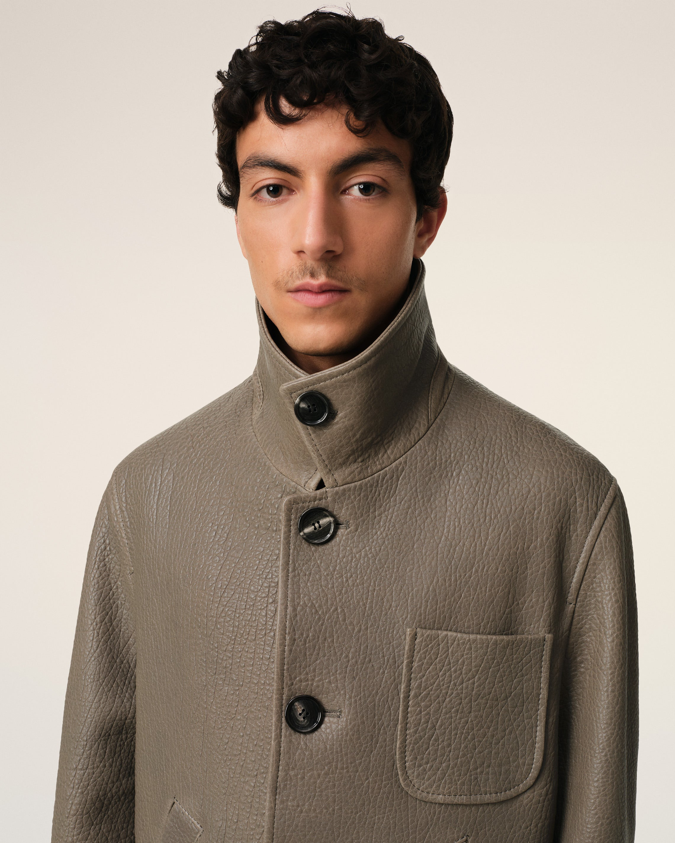 TAUPE LEATHER BUTTONED JACKET - 10