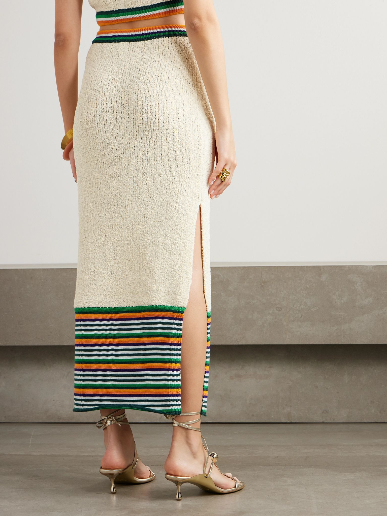 Striped cotton-blend bouclé midi skirt Off-white - 3