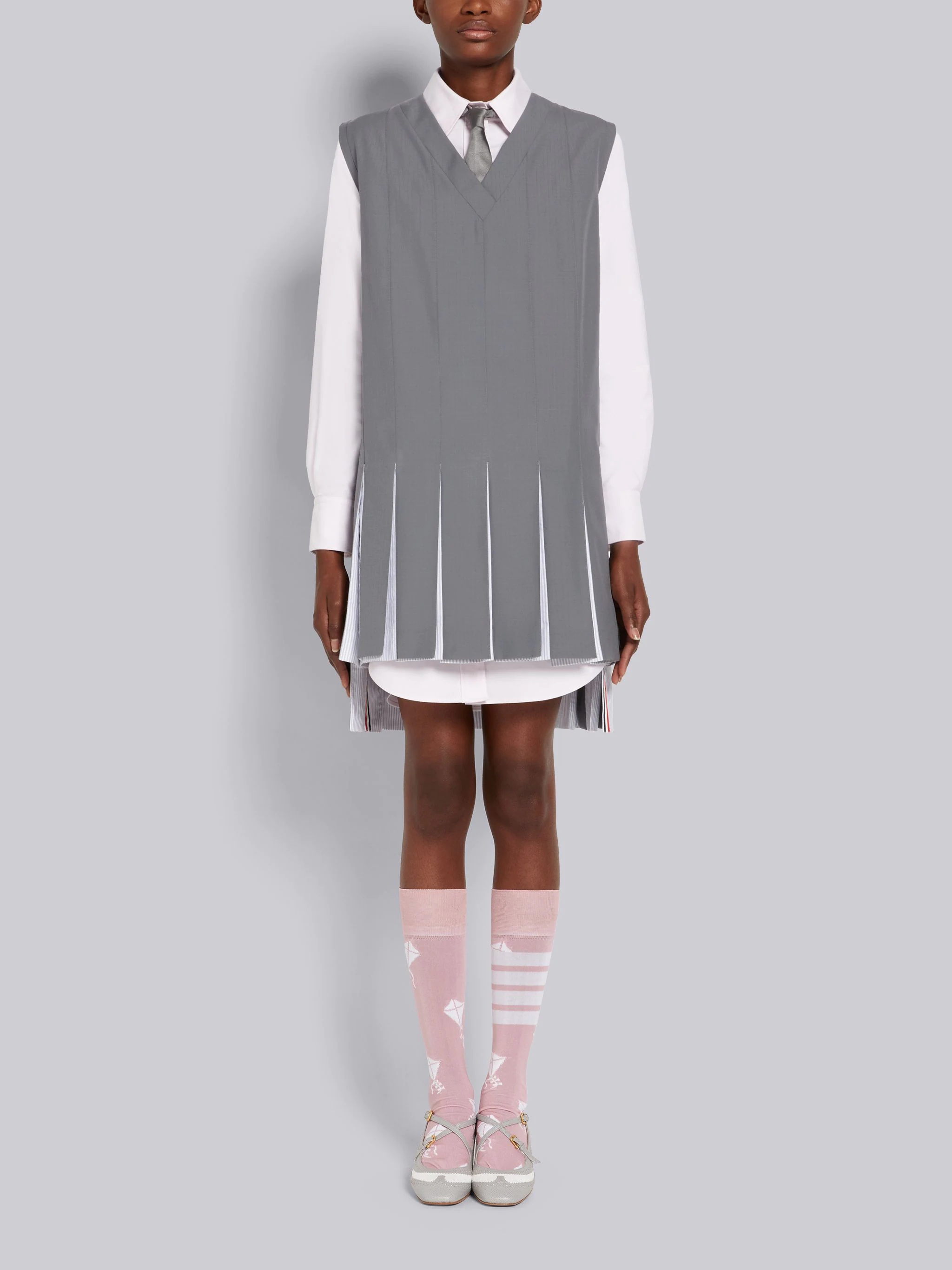 Medium Grey Ripstop School Uniform Striped Oxford Pleat Mini Sleeveless Tunic - 1