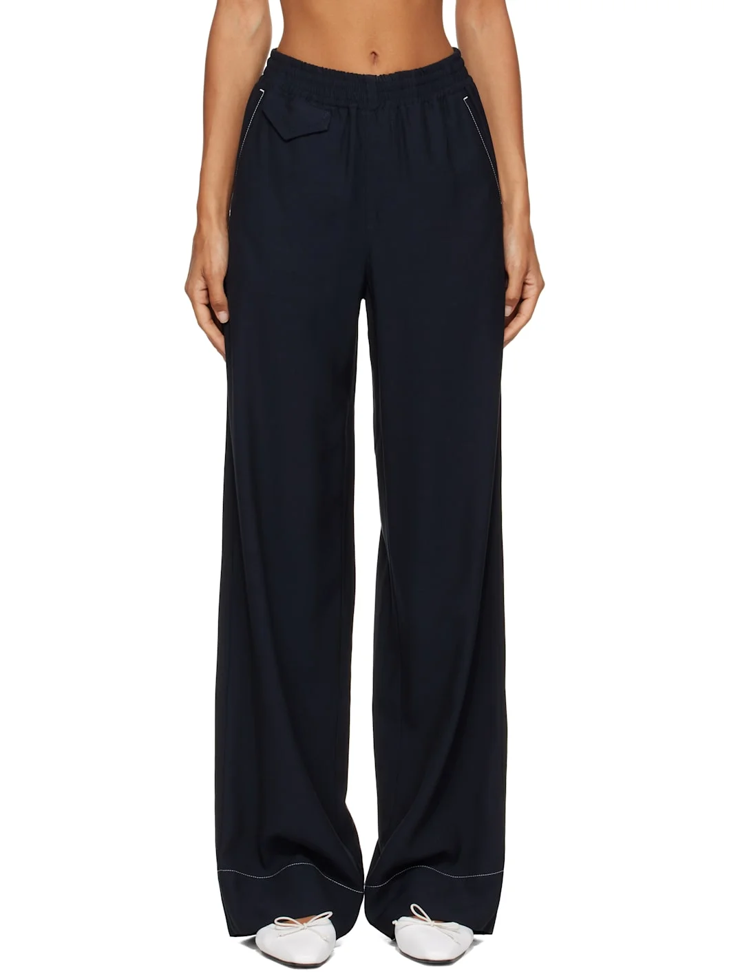 Navy Topstitched Trousers - 1