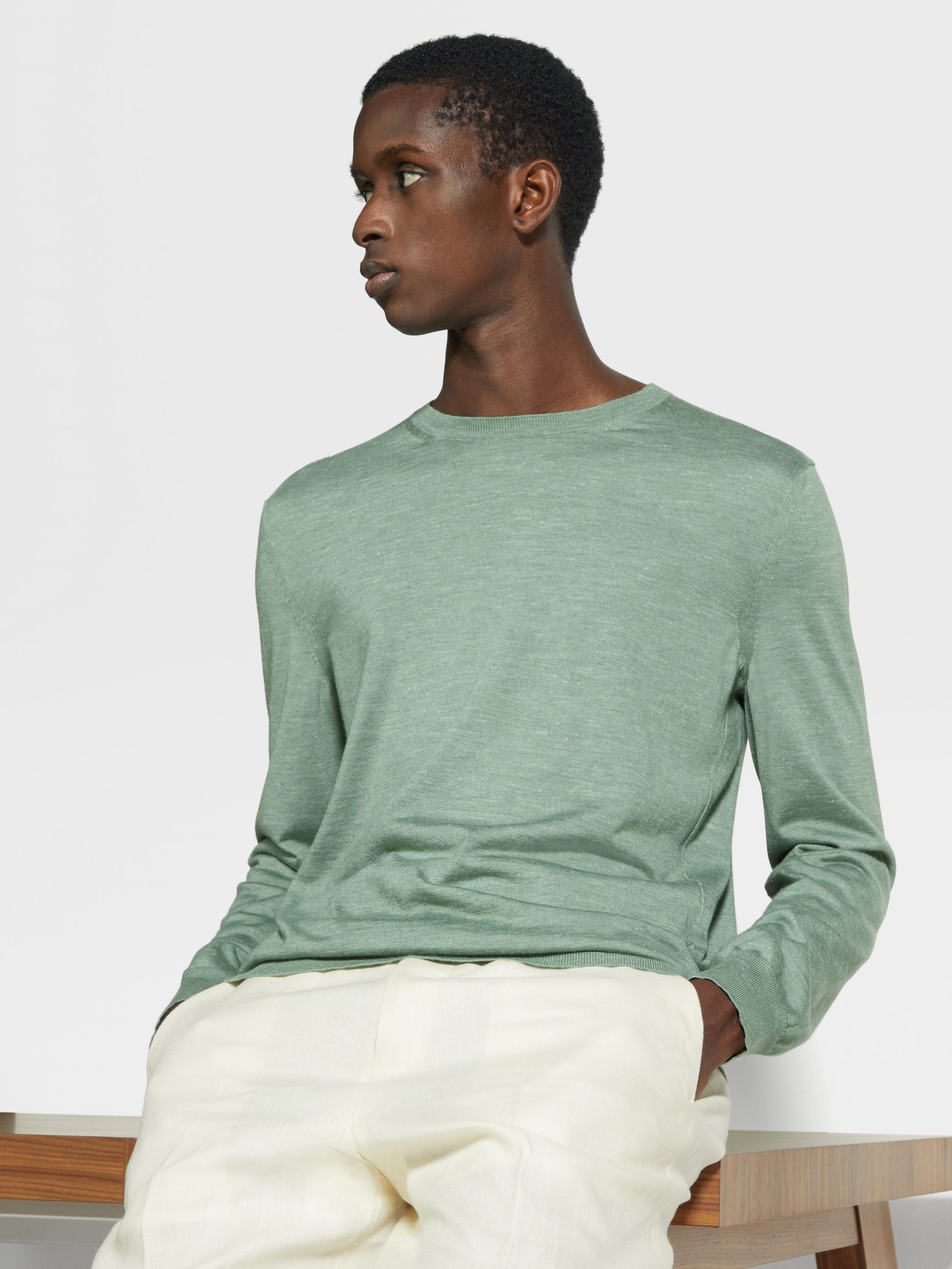 SAGE GREEN MÉLANGE SILK CASHMERE AND LINEN CREWNECK - 3