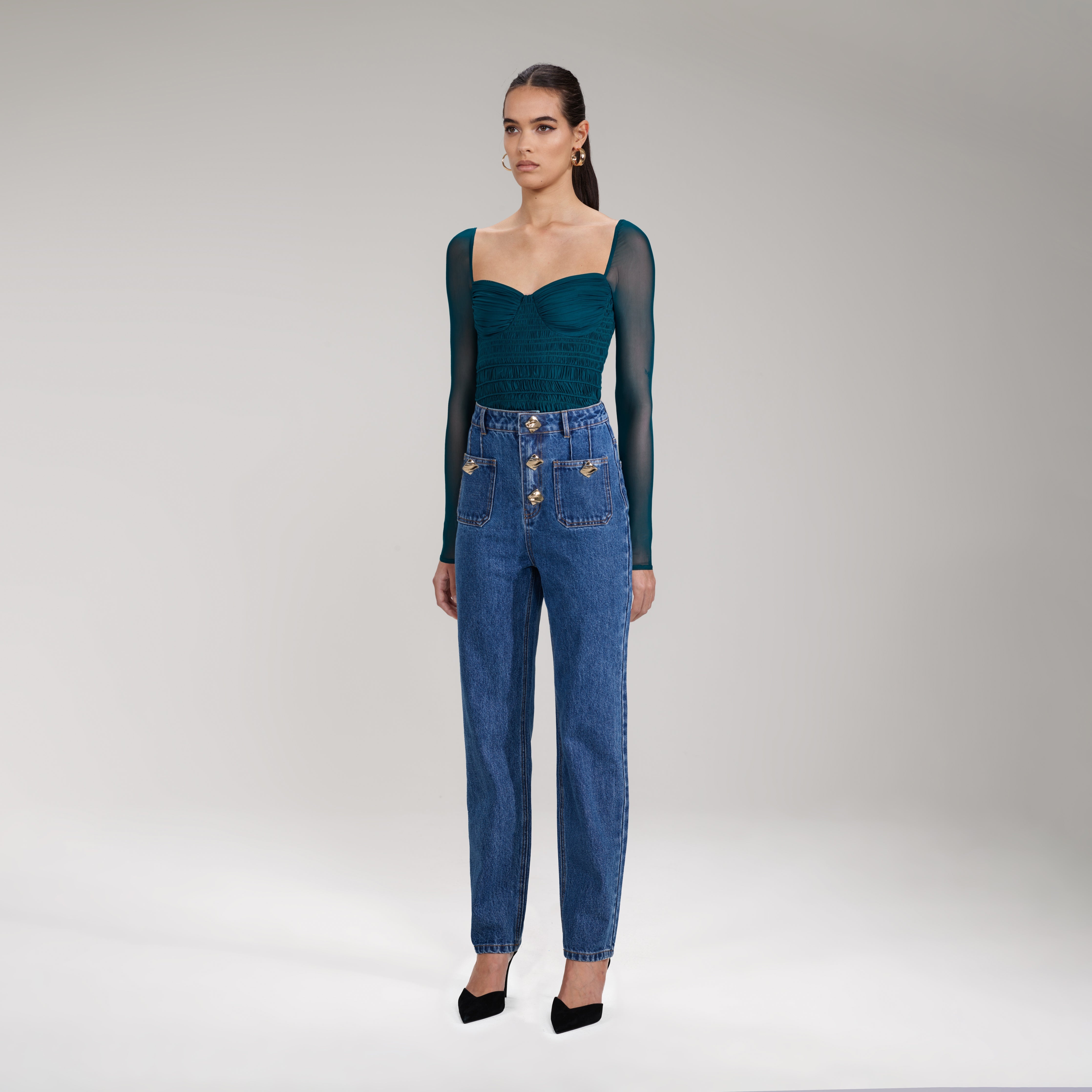 Green Shirred Powermesh Top - 2